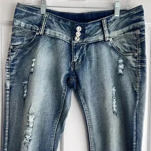 Y2K low rise bejeweled whiskered stonewashed jeans